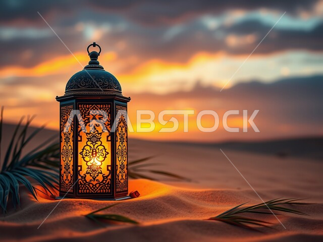 تحفة إسلامية عريقة، فانوس معدني مزخرف مضيء وسط الرمال الناعمة في وقت الغروب، البيئة الصحراوية والكثبان الرملية في المناطق البرية للمملكة العربية السعودية، زينة و إضاءة الاعياد والمناسبات الدينية، خلفية طبيعية