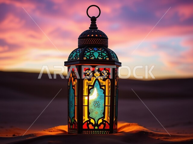 Decorative metal lantern illuminated in the middle of soft sand at sunset, desert environment and sand dunes in the wild areas of the Kingdom of Saudi Arabia, decoration and lighting for religious holidays and occasions, ancient Islamic masterpiece, natural background