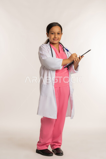 Determining future career, goal and future ambition to work in clinics and hospitals, portrait of an Arab Gulf Emirati girl wearing a white coat recording test results in the medical record, Saudi girl preparing medical reports, full body, white background