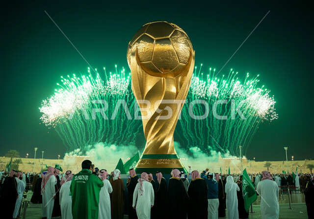 الاحتفالات بفوز السعوديه باستضافة كاس العالم 2034، مجسم كأس العالم الذهبي لرياضة كرة القدم، الاهتمام بالرياضة والانشطة الترفيهية، مجموعة من الرجال العرب الخليجيون السعوديون يرتدون الثوب التقليدي يطلقون المفرقعات والالعاب النارية في الليل