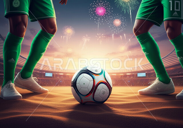 الاستعداد لبدء المباراه, رياضة كرة القدم , صورة مقربه لقدمي لاعبين عربيين خليجيين سعوديين يرتديان الزي الرياضي  يقفان امام كرة القدم في الملعب, خلفية الألعاب الناريه والمفرقعات في الليل, كاس العالم في الملكة العربية السعودية 2034، الرمال الذهبية الناعمة
