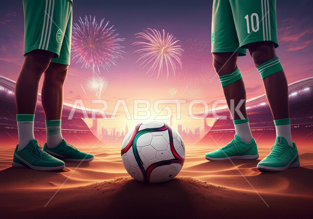 كاس العالم في الملكة العربية السعودية 2034، الاستعداد لبدء المباراه, رياضة كرة القدم , صورة مقربه لقدمي لاعبين عربيين خليجيين سعوديين يرتديان الزي الرياضي  يقفان امام كرة القدم في الملعب, خلفية الألعاب الناريه والمفرقعات في الليل, الرمال الذهبية الناعمة