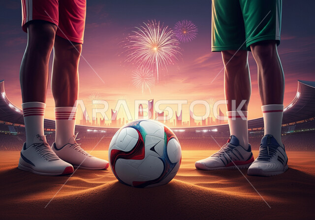 الاستعداد لبدء المباراه, رياضة كرة القدم , صورة مقربه لقدمي لاعبين عربيين خليجيين سعوديين يرتديان الزي الرياضي  يقفان امام كرة القدم في الملعب, خلفية الألعاب الناريه والمفرقعات في الليل, كاس العالم في الملكة العربية السعودية 2034، الرمال الذهبية الناعمة