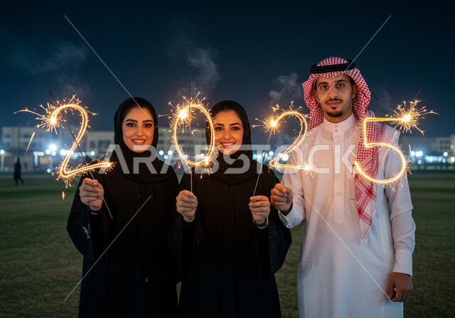 المشاركة في الاحتفالات السنوية مع العائلة, البهجة بقدوم العام الجديد, الاحتفال بعيد رأس السنة الميلادية 2025, النظر إلى الكاميرا بإيماءات السعادة والسرور, أصدقاء عربيين خليجيين سعوديين يحملون بيديهم شعلة نار مضيئة