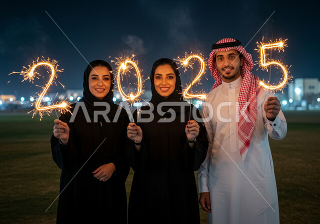 الاحتفال بعيد رأس السنة الميلادية 2025, النظر إلى الكاميرا بإيماءات السعادة والسرور, أصدقاء عربيين خليجيين سعوديين يحملون بيديهم شعلة نار مضيئة, المشاركة في الاحتفالات السنوية مع العائلة, البهجة بقدوم العام الجديد
