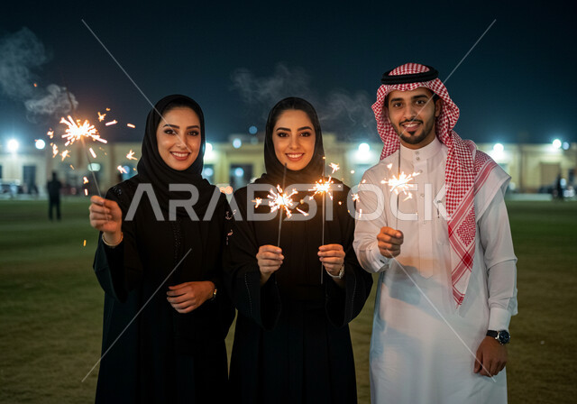 البهجة بقدوم العام الجديد, الاحتفال بعيد رأس السنة الميلادية 2025, النظر إلى الكاميرا بإيماءات السعادة والسرور, أصدقاء عربيين خليجيين سعوديين يحملون بيديهم شعلة نار مضيئة, المشاركة في الاحتفالات السنوية مع العائلة