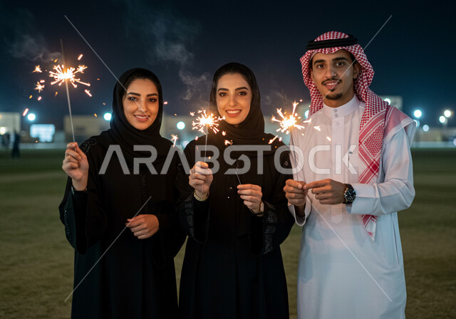 Participating in annual celebrations with family, rejoicing in the coming of the new year, celebrating New Year's Day 2025, looking at the camera with gestures of happiness and pleasure, Saudi Gulf Arab friends holding a lit fire torch in their hands