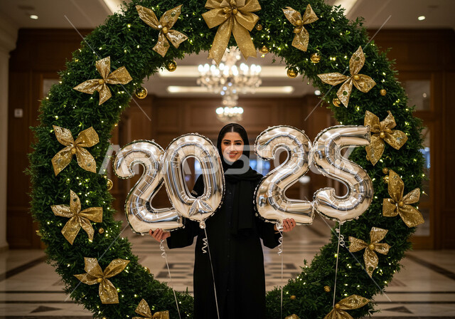 Looking at the camera with gestures of happiness and pleasure, celebrating New Year's Eve 2025, the concept of optimism and welcoming the new year, a smiling veiled Saudi Arabian Gulf woman wearing a black abaya standing in front of a decorated frame and holding large silver balloons in her hands
