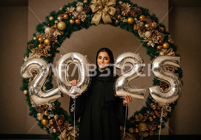 مفهوم التفاؤل والترحيب بالسنة الجديدة, الاحتفال بعيد رأس السنة الميلادية 2025, النظر إلى الكاميرا بإيماءات السعادة والسرور, امرأة عربية خليجية سعودية مبتسمة محجبة ترتدي العباءة السوداء تقف أمام إطار مزين وتحمل بيديها بالونات فضية كبيرة