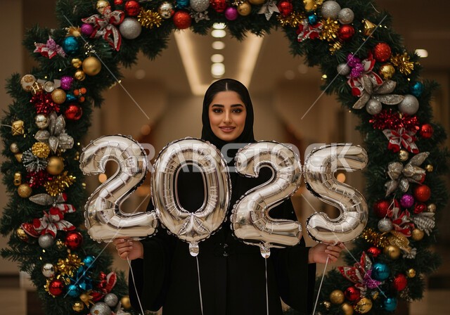 الاحتفال بعيد رأس السنة الميلادية 2025, النظر إلى الكاميرا بإيماءات السعادة والسرور, مفهوم التفاؤل والترحيب بالسنة الجديدة, امرأة عربية خليجية سعودية مبتسمة محجبة ترتدي العباءة السوداء تقف أمام إطار مزين وتحمل بيديها بالونات فضية كبيرة