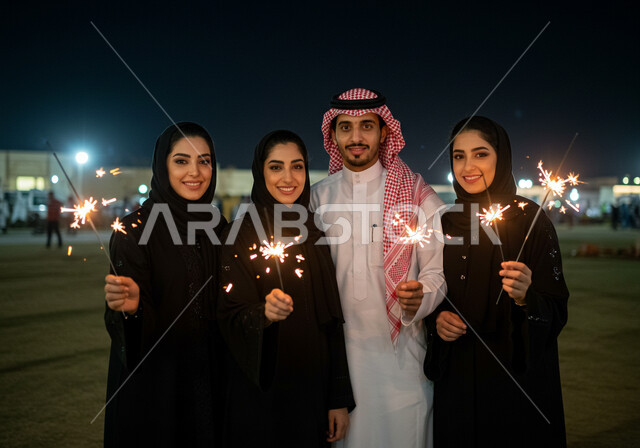 النظر إلى الكاميرا بإيماءات السعادة والسرور, المشاركة في الاحتفالات السنوية مع العائلة, البهجة بقدوم العام الجديد, الاحتفال بعيد رأس السنة الميلادية 2025, أصدقاء عربيين خليجيين سعوديين يحملون بيديهم شعلة نار مضيئة