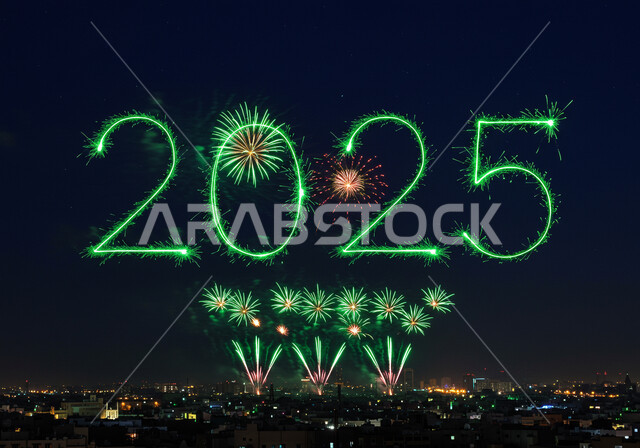 انطلاق المفرقعات والألعاب النارية في سماء السعودية ليلا, الاحتفال بعيد رأس السنة الميلادية 2025, الفعاليات الاحتفالية الترفيهية بالأعياد والمناسبات, الاستعداد لقدوم العام الجديد, أجواء الاحتفالات السنوية في المملكة