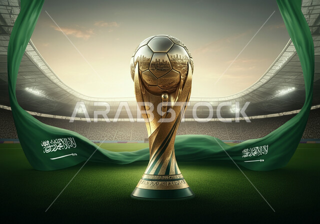 اللعب في الدوري السعودي للمحترفين، استضافة البطولات في المملكة العربية السعودية لعام 2034، مجسم كأس العالم الذهبي لرياضة كرة القدم على أرضية ملعب عشبية، الاهتمام بالرياضة والانشطة الترفيهية