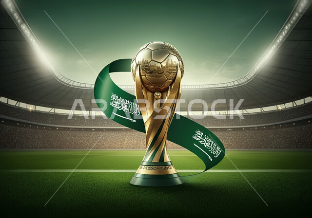 الاهتمام بالرياضة والانشطة الترفيهية، اللعب في الدوري السعودي للمحترفين، استضافة البطولات في المملكة العربية السعودية لعام 2034، مجسم كأس العالم الذهبي لرياضة كرة القدم على أرضية ملعب عشبية