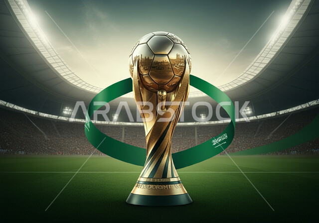 اللعب في الدوري السعودي للمحترفين، استضافة البطولات في المملكة العربية السعودية لعام 2034، مجسم كأس العالم الذهبي لرياضة كرة القدم على أرضية ملعب عشبية، الاهتمام بالرياضة والانشطة الترفيهية