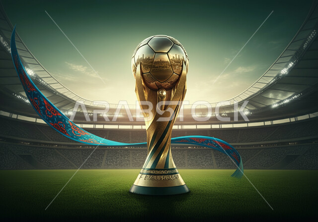 الاهتمام بالرياضة والانشطة الترفيهية، اللعب في الدوري السعودي للمحترفين، استضافة البطولات في المملكة العربية السعودية لعام 2034، مجسم كأس العالم الذهبي لرياضة كرة القدم على أرضية ملعب عشبية
