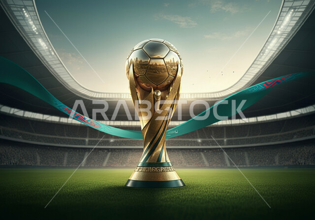الاهتمام بالرياضة والانشطة الترفيهية، اللعب في الدوري السعودي للمحترفين، استضافة البطولات في المملكة العربية السعودية لعام 2034، مجسم كأس العالم الذهبي لرياضة كرة القدم على أرضية ملعب عشبية