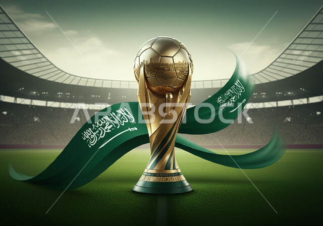 الاهتمام بالرياضة والانشطة الترفيهية، اللعب في الدوري السعودي للمحترفين، استضافة البطولات في المملكة العربية السعودية لعام 2034، مجسم كأس العالم الذهبي لرياضة كرة القدم على أرضية ملعب عشبية