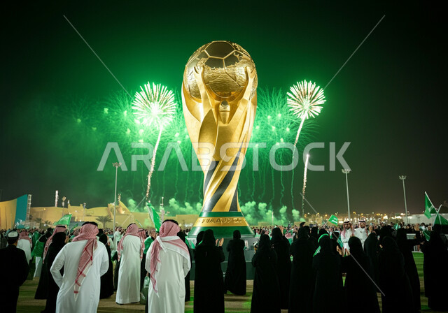 Celebrations of Saudi Arabia winning the bid to host the 2034 World Cup, a model of the golden World Cup for football, interest in sports and recreational activities, a group of Saudi Gulf Arab men wearing traditional dress launching firecrackers and fireworks at night