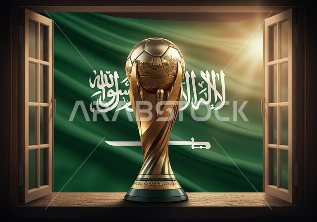 مفهوم الاندية والتشجيع، اللعب في الدوري السعودي للمحترفين، خلفية علم المملكة، استضافة البطولات في المملكة العربية السعودية لعام 2034، مجسم كأس العالم الذهبي بجانب كرة القدم، الاهتمام بالرياضة والانشطة الترفيهية
