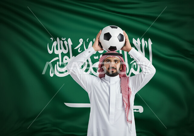 تشجيع فريق كره القدم المفضل، إيماءات السرور والحماس، متابعه المباريات السعودية، شاب عربي خليجي سعودي يرتدي الثوب التقليدي  يضع كرة القدم على رأسه، الاهتمام بالرياضة والانشطة الترفيهية، مفهوم الأندية والتشجيع، خلفية علم المملكة العربية السعودية
