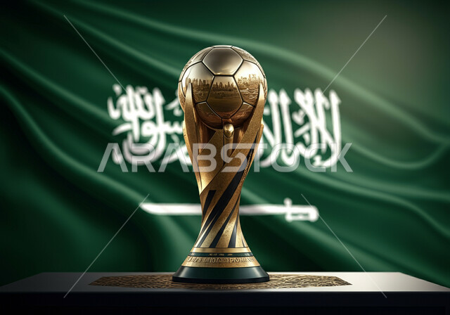 مفهوم الاندية والتشجيع، اللعب في الدوري السعودي للمحترفين، خلفية علم المملكة، استضافة البطولات في المملكة العربية السعودية لعام 2034، مجسم كأس العالم الذهبي بجانب كرة القدم، الاهتمام بالرياضة والانشطة الترفيهية