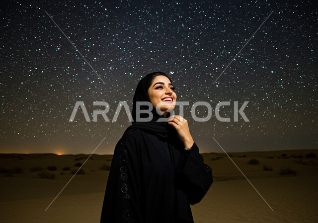 الاستمتاع بالجو الليلي الهادئ, مغامرة برية في صحاري السعودية, الرمال الذهبية الناعمة, رحلة سياحية ممتعة وسط الصحراء, صورة مقربة لامرأة عربية خليجية سعودية محجبة ترتدي العباءة السوداء تنظر إلى السماء بإيماءات السعادة والسرور, مجرة درب التبانة في الليل