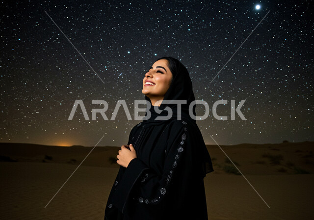 رحلة سياحية ممتعة وسط الصحراء، الرمال الذهبية الناعمة, الاستمتاع بالجو الليلي الهادئ, مغامرة برية في صحاري السعودية, صورة مقربة لامرأة عربية خليجية سعودية محجبة ترتدي العباءة السوداء تنظر إلى السماء بإيماءات السعادة والسرور, مجرة درب التبانة في الليل