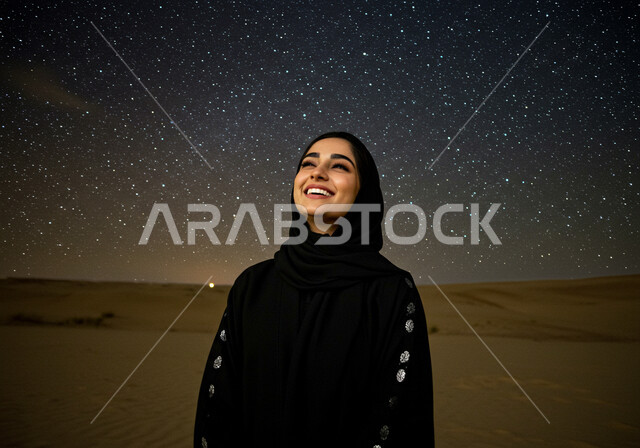 رحلة سياحية ممتعة وسط الصحراء، الرمال الذهبية الناعمة, الاستمتاع بالجو الليلي الهادئ, مغامرة برية في صحاري السعودية, صورة مقربة لامرأة عربية خليجية سعودية محجبة ترتدي العباءة السوداء تنظر إلى السماء بإيماءات السعادة والسرور, مجرة درب التبانة في الليل