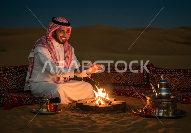 كشتة و جلسة بر شبابية, التشكيلات والكثبان الرملية, الرمال الذهبية الناعمة, رحلة تخييم سياحية ممتعة وسط الصحراء، الجو الليلي الهادئ, مخيم سياحي في منطقة صحراوية, رجل عربي خليجي سعودي يرتدي الثوب التقليدي والشماغ يجلس أمام شعلة الحطب