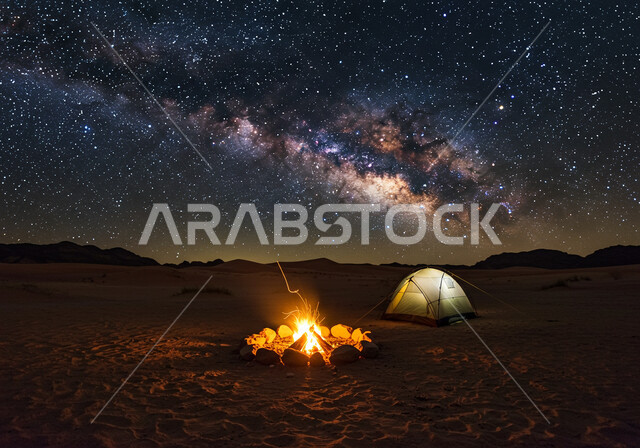 A quiet youth camping atmosphere at night in front of a firewood torch, places of adventure and wild outings in desert areas, a tourist camp in the desert of the Kingdom of Saudi Arabia, nature and soft golden sand, the Milky Way and the bright stars in the sky
