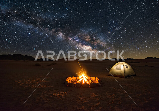 أماكن المغامرة والكشتة البرية في المناطق الصحراوية، مخيم سياحي في صحراء المملكة العربية السعودية، الطبيعة والرمال الذهبية الناعمة، خيمة بدوية شعبية ليلاً، مجرة درب التبانه والنجوم اللامعة في السماء، الجو الليلي الهادئ أمام شعلة الحطب