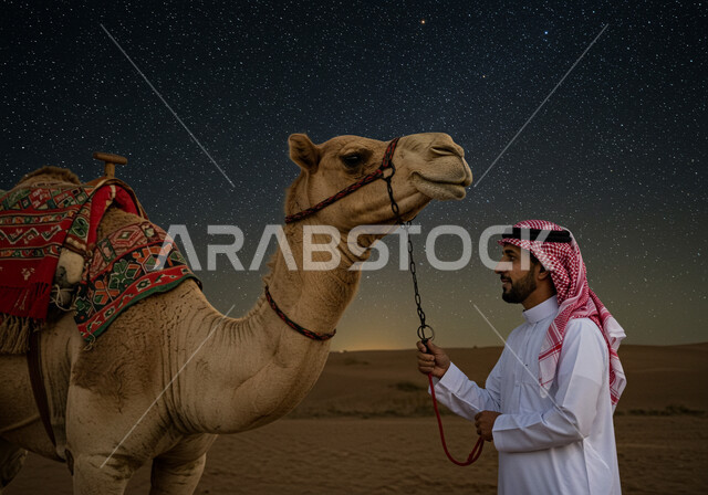 الاهتمام برعاية الابل في المناطق الصحراوية, محمية طبيعية لتربية الجمال, الرمال الذهبية الناعمة في صحاري المملكة العربية السعودية, منظر السماء المرصعة بالنجوم, رجل عربي خليجي سعودي يرتدي الثوب التقليدي والشماغ يمسك بيديه رسن الجمل