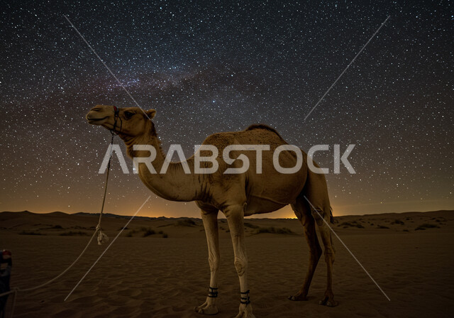 محمية طبيعية لتربية الجمال في المناطق الصحراوية, التشكيلات والتكوينات والكثبان الرملية, الاهتمام بالابل في صحاري المملكة العربية السعودية, جمل يقف على الرمال الذهبية الناعمة في الصحراء, منظر مجرة درب التبانة والسماء المرصعة بالنجوم ليلا