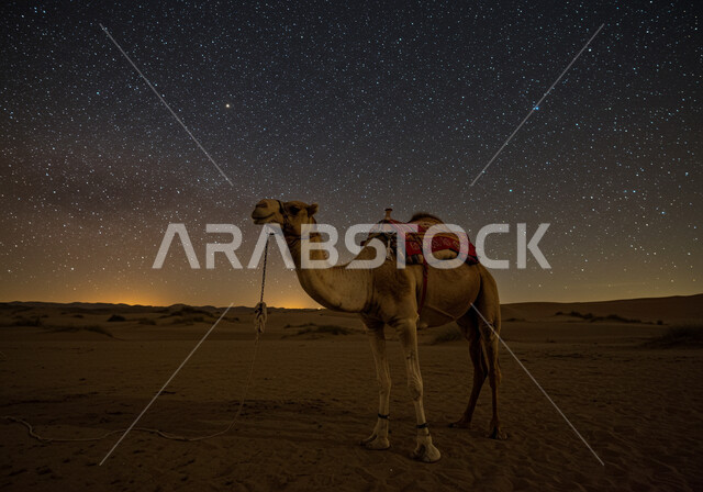 التشكيلات والتكوينات والكثبان الرملية, الاهتمام بالابل في صحاري المملكة العربية السعودية, جمل يقف على الرمال الذهبية الناعمة في الصحراء, منظر مجرة درب التبانة والسماء المرصعة بالنجوم ليلا، محمية طبيعية لتربية الجمال في المناطق الصحراوية