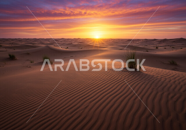 Plants and herbs growing in desert areas and desert environment at sunset, soft golden undulating sand and dunes in the desert of Saudi Arabia, natural sand plateaus and hills in the middle of the desert, nature background
