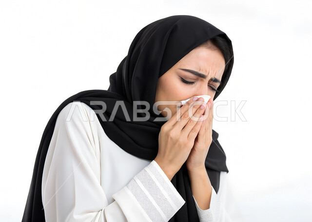 الحاجة الى العلاج والدواء، استعمال المناديل الورقيه أثناء العطس, التهابات الأنف التحسسية، الشعور بالمرض والحزن, أعراض كورونا (كوفيد-19)، بورتريه مقرب لإمرأة عربية سعودية خليجية محجبة ترتدي العباءة تقوم بالعطاس, الحاجة الى العلاج والدواء، خلفية بيضاء