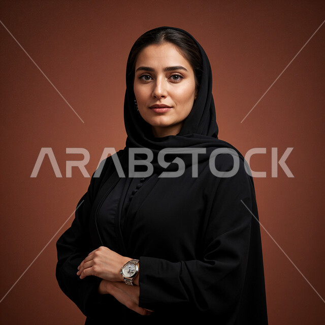 The concept of femininity and softness, interest in elegance and appearance, close-up portrait of a smiling Saudi Arabian Gulf woman wearing hijab and abaya looking at the camera, gestures of self-confidence and standing with crossed hands, brown background