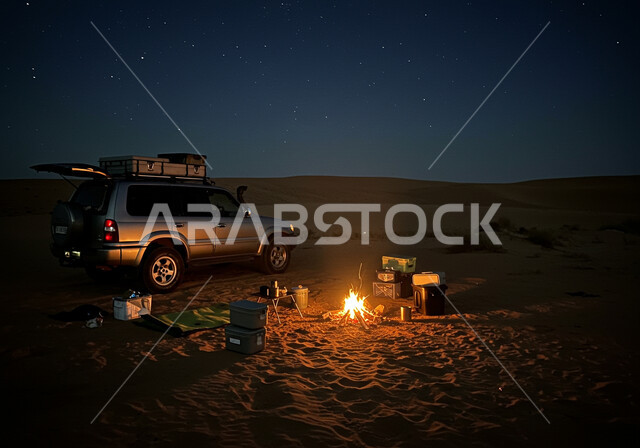  الاستمتاع بالجو الليلي الشتوي الهادئ، النيران المشتعلة على الرمال الذهبية الناعمة، شعلة الحطب في وسط الصحراء، المناطق الصحراوية في المملكة العربية السعودية، سيارة تويوتا لاند كروزر في الصحاري في الليل، جلسة بر عربية شعبية، خلفية السماء الزرقاء