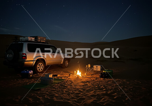  الاستمتاع بالجو الليلي الشتوي الهادئ، النيران المشتعلة على الرمال الذهبية الناعمة، شعلة الحطب في وسط الصحراء، المناطق الصحراوية في المملكة العربية السعودية، سيارة تويوتا لاند كروزر في الصحاري في الليل، جلسة بر عربية شعبية، خلفية السماء الزرقاء