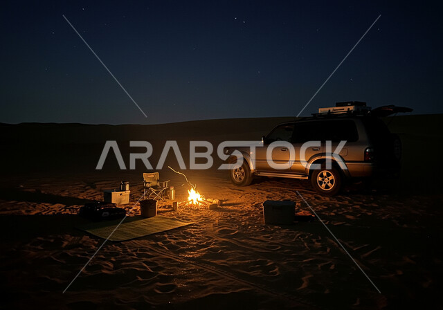 النيران المشتعلة على الرمال الذهبية الناعمة، شعلة الحطب في وسط الصحراء، المناطق الصحراوية في المملكة العربية السعودية، الاستمتاع بالجو الليلي الشتوي الهادئ، سيارة تويوتا لاند كروزر في الصحاري في الليل، جلسة بر عربية شعبية، خلفية السماء الزرقاء