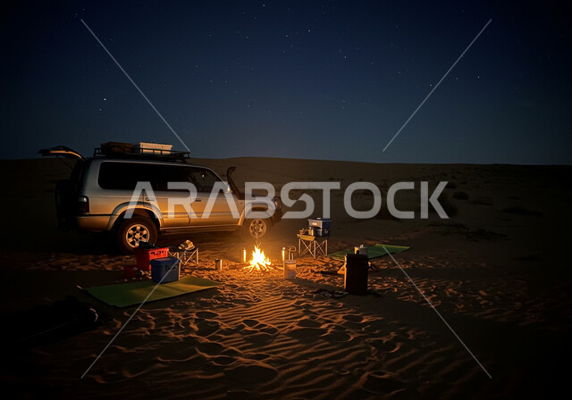 النيران المشتعلة على الرمال الذهبية الناعمة، شعلة الحطب في وسط الصحراء، المناطق الصحراوية في المملكة العربية السعودية، الاستمتاع بالجو الليلي الشتوي الهادئ، سيارة تويوتا لاند كروزر في الصحاري في الليل، جلسة بر عربية شعبية، خلفية السماء الزرقاء