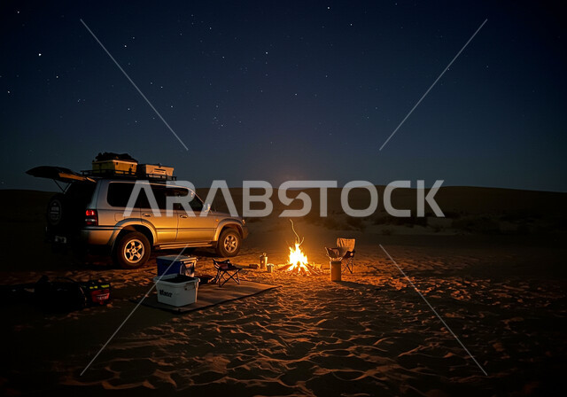 شعلة الحطب في وسط الصحراء، النيران المشتعلة على الرمال الذهبية الناعمة، المناطق الصحراوية في المملكة العربية السعودية، الاستمتاع بالجو الليلي الشتوي الهادئ، سيارة تويوتا لاند كروزر في الصحاري في الليل، جلسة بر عربية شعبية، خلفية السماء الزرقاء