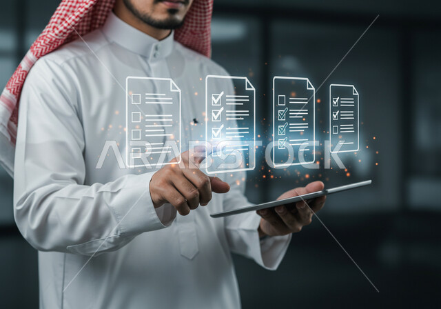 دمج التقنيات الحديثة في العمل، استخدام جهاز تقني حديث ومتطور، صورة مقربة لرجل عربي خليجي سعودي يرتدي الثوب التقليدي والشماغ يمسك بيده الايباد يقوم بالنقر على أوراق مهام هولوجرامية، رؤية مستقبلية سعودية 2030 