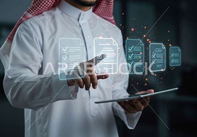 استخدام جهاز تقني حديث ومتطور، دمج التقنيات الحديثة في العمل، صورة مقربة لرجل عربي خليجي سعودي يرتدي الثوب التقليدي والشماغ يمسك بيده الايباد يقوم بالنقر على أوراق مهام هولوجرامية، رؤية مستقبلية سعودية 2030 