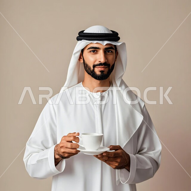 الاستمتاع بالمشروبات المفضلة, احتساء مشروب ساخن لذيذ, بورتريه مقرب لشاب عربي خليجي اماراتي يرتدي الكندورة والغترة يحمل بيده كوب من القهوة, البن العربي الفاخر الأصيل, مفهوم الاناقة والاهتمام بالمظهر الخارجي، النظر الى الكاميرا بايماءات السعادة والسرور، خلفية بيج