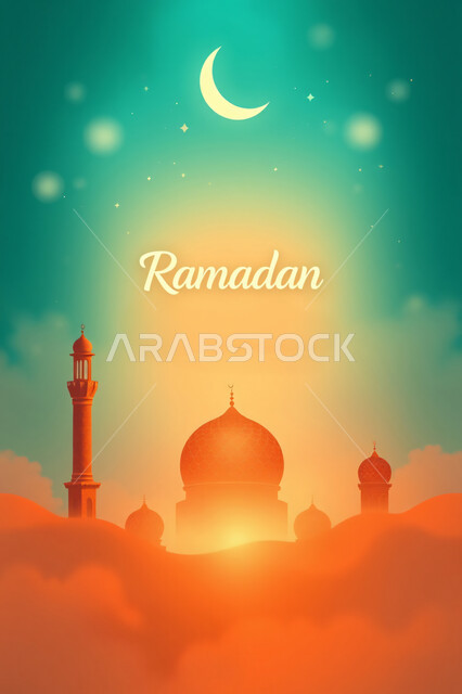 منظر هلال شهر رمضان المبارك، أجواء رمضانية روحانية, بطاقة معايدة وتهنئة للاحتفال بقدوم الشهر الفضيل، الفن الهندسي المعماري لقبب ومآذن مسجد اسلامي، العبادة والتقرب إلى الله تعالى