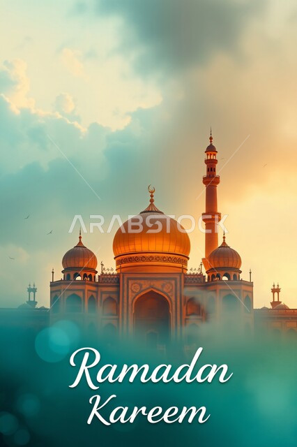 الفن الهندسي المعماري لقبب ومآذن مسجد اسلامي، منظر السماء المليئة بالغيوم، أجواء رمضانية روحانية, بطاقة معايدة وتهنئة للاحتفال بقدوم الشهر الفضيل، العبادة والتقرب إلى الله تعالى
