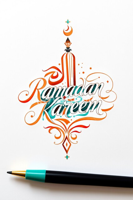 قالب تصميم إسلامي ديني، صورة مقربة لقلم وعبارة رمضان كريم باللغة الإنجليزية, بطاقة معايدة وتهنئة للاحتفال بقدوم الشهر الفضيل، أجواء رمضانية روحانية, خلفية بيضاء