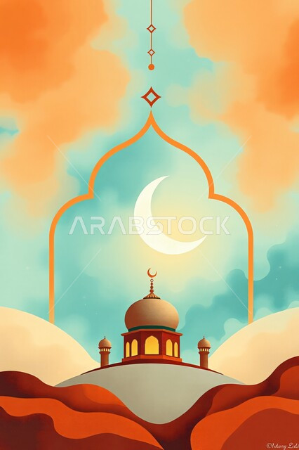 منظر هلال شهر رمضان في المساء، الفن الهندسي المعماري لبناء مسجد في المملكة العربية السعودية، الأماكن الدينية المقدسة على الطراز العصري الحديث، مفهوم العبادة والتقرب إلى الله، أداء فريضة الصلاة، التصميم الاسلامي والديكور الخارجي للقبب